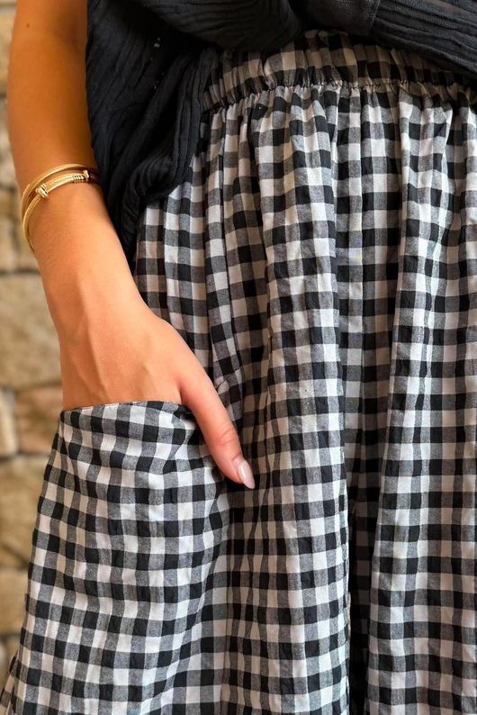 Nonni Gingham Relaxed Barrel Pant Black Grey